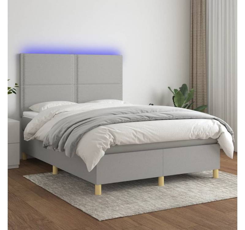 vidaXL Boxspringbett Bett Boxspringbett mit Matratze & Topper & LED (140 x 190 cm, mit Nieten, Hellgrau), mit LED von vidaXL