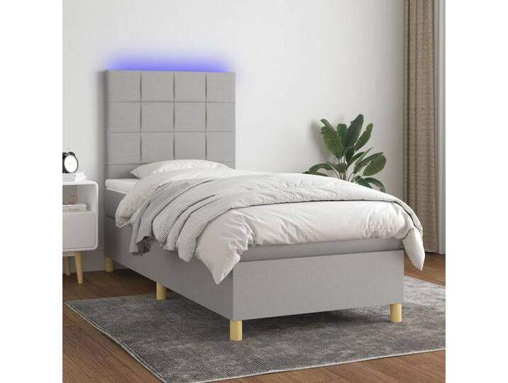 vidaXL Boxspringbett Bett Boxspringbett mit Matratze & Topper & LED (100 x 200 cm, Quadrate; Hellgrau), mit LED, grau, Hellgrau von vidaXL