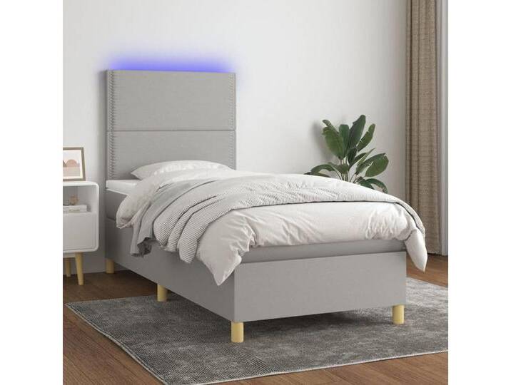 vidaXL Boxspringbett Bett Boxspringbett mit Matratze & Topper & LED (100 x 200 cm, mit Nieten; Hellgrau), mit LED, grau, Hellgrau von vidaXL