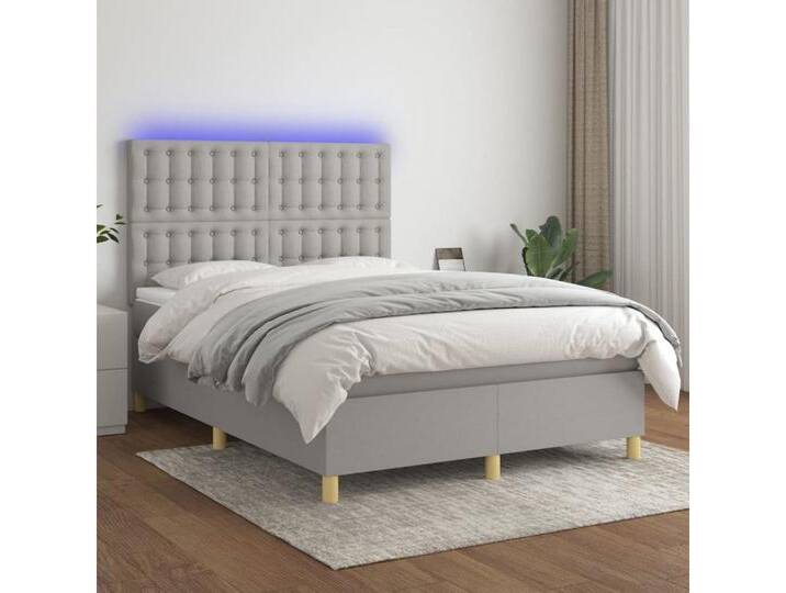 vidaXL Boxspringbett Bett Boxspringbett mit Matratze & Topper & LED (140 x 190 cm, Knopfheftung Parallel; Hellgrau), mit LED, grau, Hellgrau von vidaXL