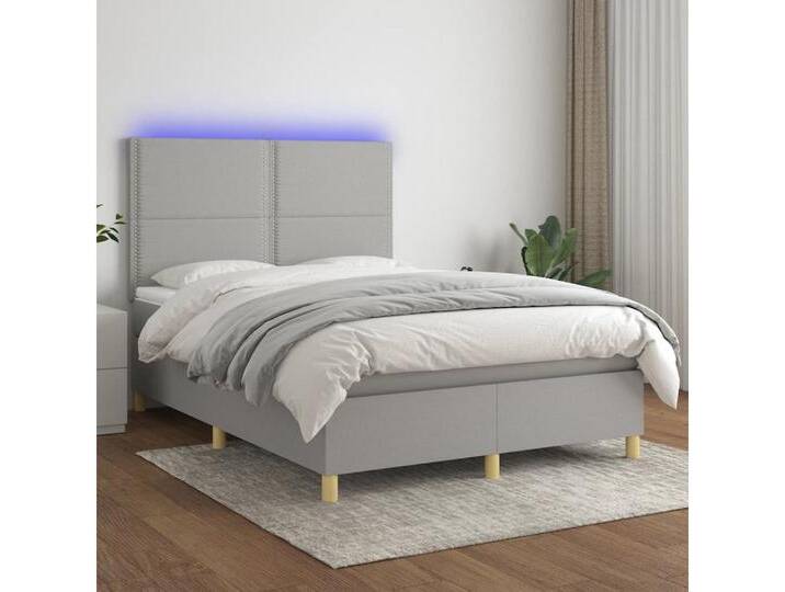 vidaXL Boxspringbett Bett Boxspringbett mit Matratze & Topper & LED (140 x 190 cm, mit Nieten; Hellgrau), mit LED, grau, Hellgrau von vidaXL
