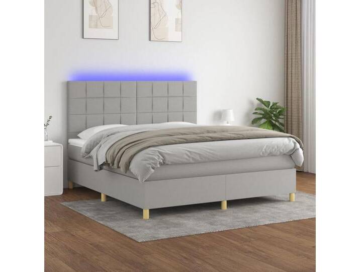 vidaXL Boxspringbett Bett Boxspringbett mit Matratze & Topper & LED (160 x 200 cm, Quadrate; Hellgrau), mit LED, grau, Hellgrau von vidaXL