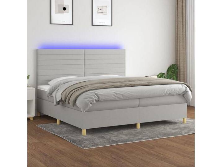 vidaXL Boxspringbett Bett Boxspringbett mit Matratze & Topper & LED (200 x 200 cm, Streifen Horizontal; Hellgrau), mit LED, grau, Hellgrau von vidaXL