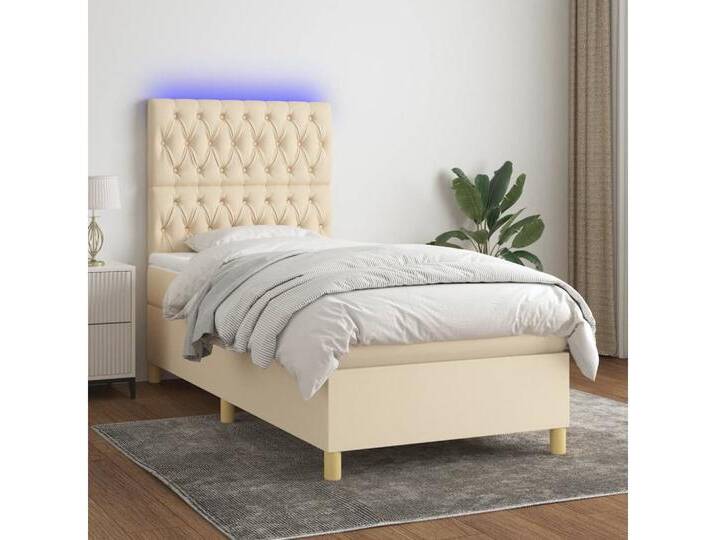 vidaXL Boxspringbett Bett Boxspringbett mit Matratze & Topper & LED (90 x 190 cm, Knopfheftung Schräg; Creme), mit LED, beige, Creme von vidaXL