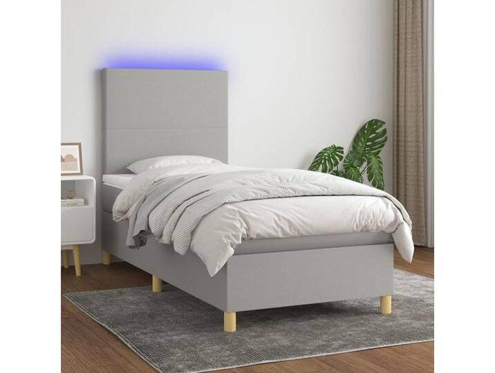 vidaXL Boxspringbett Bett Boxspringbett mit Matratze & Topper & LED (90 x 200 cm, Schlichtes Design; Hellgrau), mit LED, grau, Hellgrau von vidaXL