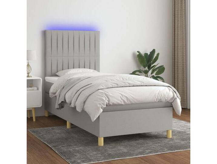 vidaXL Boxspringbett Bett Boxspringbett mit Matratze & Topper & LED (90 x 200 cm, Streifen Vertikal; Hellgrau), mit LED, grau, Hellgrau von vidaXL