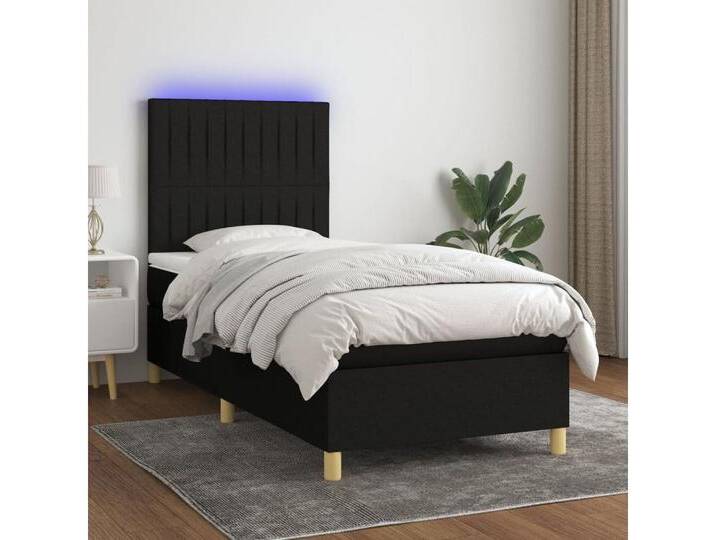 vidaXL Boxspringbett Bett Boxspringbett mit Matratze & Topper & LED (90 x 200 cm, Streifen Vertikal; Schwarz), mit LED, schwarz, Schwarz von vidaXL
