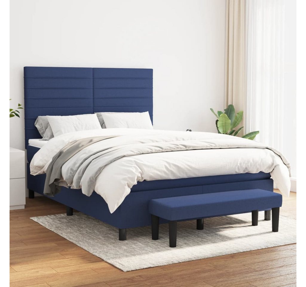 vidaXL Boxspringbett Boxspringbett mit Matratze und Fusshocker Stoff (140 x 200 cm, Blau), Horizontale Streifen von vidaXL