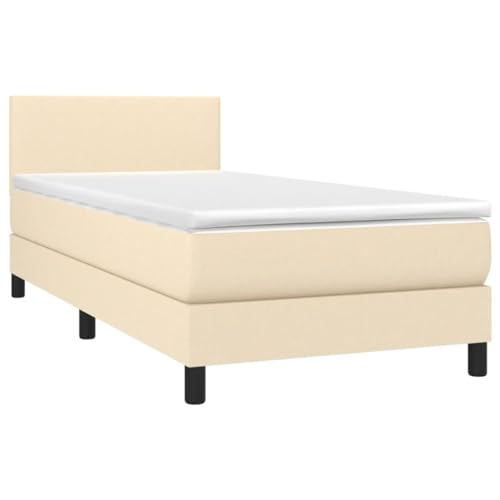 vidaXL Boxspringbett mit Matratze LED Bettgestell Einzelbett Polsterbett Bett Hotelbett Bettrahmen Lattenrost Schlafzimmerbett Creme 100x200cm Stoff von vidaXL