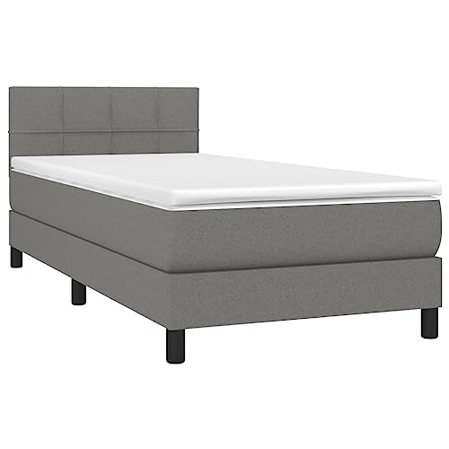 vidaXL Boxspringbett mit Matratze LED Bettgestell Einzelbett Polsterbett Bett Hotelbett Lattenrost Bettrahmen Schlafzimmerbett Dunkelgrau 90x200cm Stoff von vidaXL