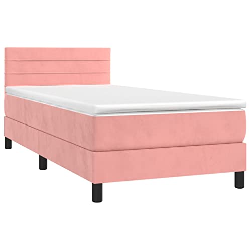 vidaXL Boxspringbett mit Matratze LED Polsterbett Bett Einzelbett Bettrahmen Bettgestell Lattenrost Schlafzimmerbett Hotelbett Rosa 90x190cm Samt von vidaXL