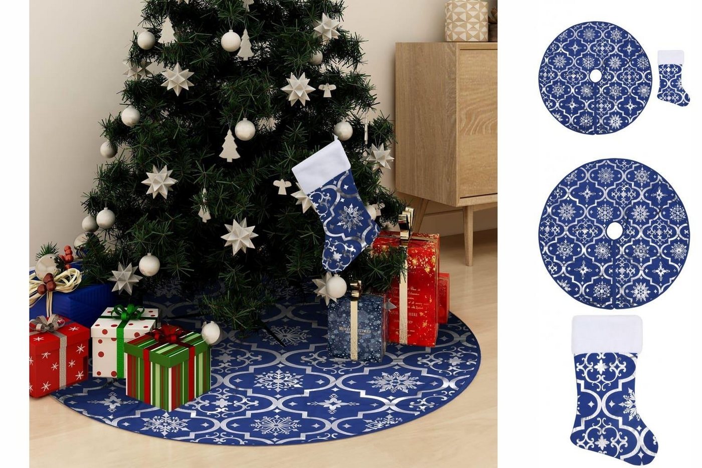 vidaXL Christbaumschmuck Luxus-Weihnachtsbaumdecke mit Socke Blau 150 cm Stoff von vidaXL