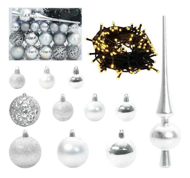 vidaXL Christbaumschmuck Weihnachtskugel-Set mit 150 LEDs 61 pcs Silber Kunststoff (61-tlg) von vidaXL