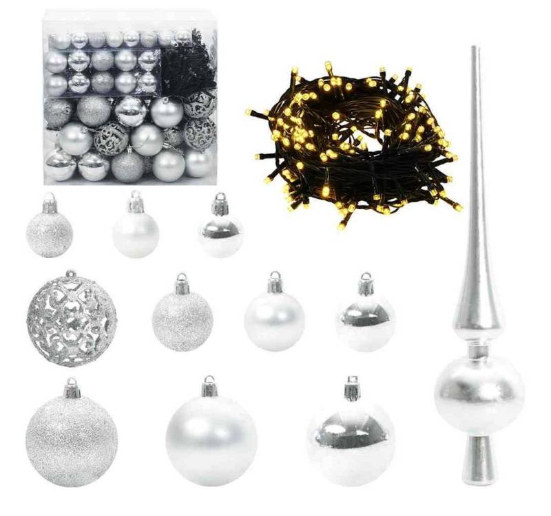 vidaXL Christbaumschmuck Weihnachtskugel-Set mit 300 LEDs 120 pcs Silber Kunststoff (120-tlg) von vidaXL
