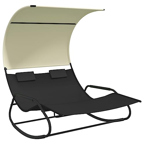 vidaXL Doppel Schaukelliege mit Sonnendach Schaukelstuhl Sonnenliege Gartenliege Liegestuhl Relaxliege Swing Liege Camping Relaxstuhl Schwarz Creme von vidaXL