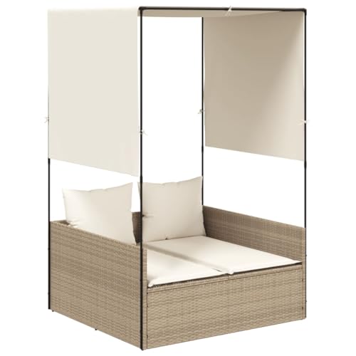 vidaXL Doppel Sonnenliege, Gartenliege mit Dach Vorhängen, Doppelliege für Garten Terrasse, Relaxliege Sonnenbett Gartenmöbel, Beige Poly Rattan vidaXL Doppel Sonnenliege, Gartenliege mit Dach Vorhängen, Doppelliege für Garten Terrasse, Relaxliege Sonnenbett Gartenmöbel, Beige Poly Rattan von vidaXL