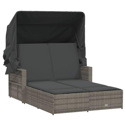 vidaXL Doppel Sonnenliege, Sonnenbett mit ausziehbarem Sonnendach, Doppelliege mit Verstellbarer Rückenlehne, Gartenmöbel Gartenliege, Grau Poly Rattan von vidaXL
