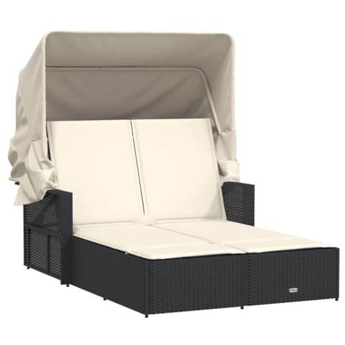 vidaXL Doppel Sonnenliege, Sonnenbett mit ausziehbarem Sonnendach, Doppelliege mit Verstellbarer Rückenlehne, Gartenmöbel Gartenliege, Schwarz Poly Rattan von vidaXL