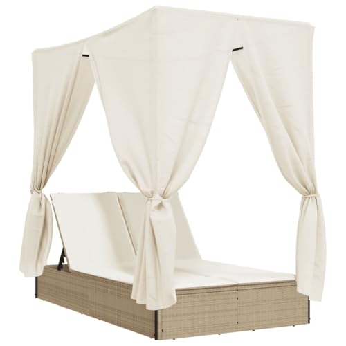 vidaXL Sonnenliege, Doppelliege mit Dach Vorhängen, Gartenliege Verstellbare Rückenlehne, Relaxliege Liege Gartenmöbel, Beige Poly Rattan von vidaXL