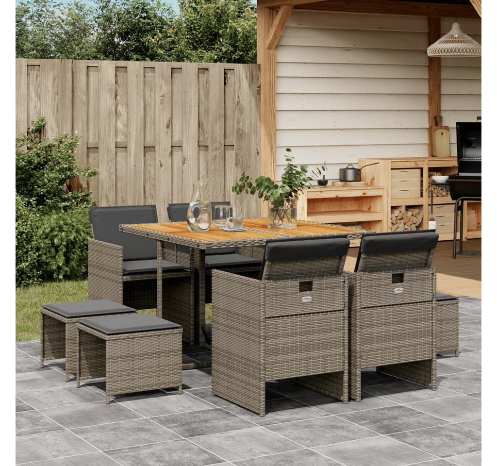 vidaXL Essgruppe, 9-tlg. Garten-Essgruppe mit Kissen Grau Poly Rattan von vidaXL