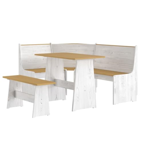 vidaXL Essgruppe 3-TLG. Tischgruppe Sitzgruppe Esszimmergarnitur Tischset Eckbank Esszimmertisch Eckbankgruppe Honigbraun Weiß Massivholz Kiefer von vidaXL