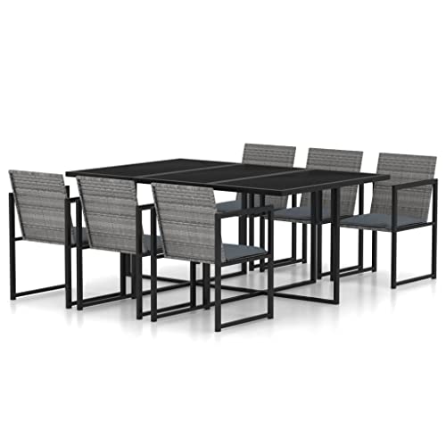 vidaXL Essgruppe Outdoor 7-teilig mit Kissen Terrasse Garten Terrasse Möbel Esstisch und Stuhl Sitzgelegenheit Poly Rattan Grau von vidaXL