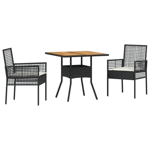 vidaXL Esszimmertisch Set mit 2 Rattan Stühlen Quadratische Gartenmöbel modernes Patio Holzplatte geeignet für Balkon Schwarz und Creme einfach zu pflegen von vidaXL