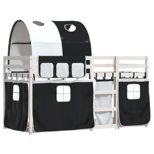 vidaXL Etagenbett, Kinderbett mit Vorhängen Leiter, Hochbett Spielbett für Kinder ab 6 Jahren, Doppel Stockbett Bett, Weiß Schwarz 90x200cm Massivholz Kiefer von vidaXL