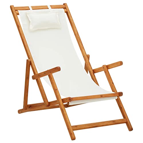 vidaXL Eukalyptusholz Massiv Strandstuhl Klappbar Liegestuhl Klappstuhl Strandliege Gartenliege Sonnenliege Faltliege Campingstuhl Stoff Creme von vidaXL