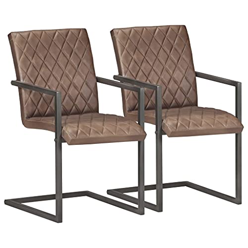 vidaXL Freischwinger 2 STK., Schwingstuhl mit Armlehnen, Esszimmerstuhl Metallrahmen, Essstuhl Küchenstuhl Stuhl Esszimmer Küche, Retro-Design, Braun Echtleder von vidaXL