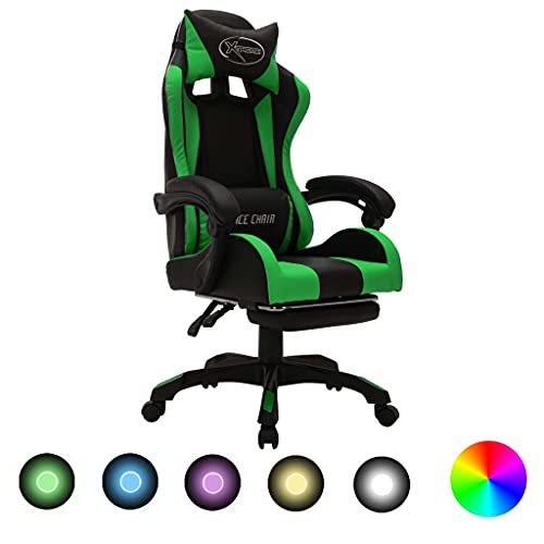 vidaXL Gaming Stuhl mit RGB LED-Leuchten Fußstütze Höhenverstellbar Chefsessel Bürostuhl Drehstuhl Schreibtischstuhl Sportsitz Racing Grün Schwarz Kunstleder von vidaXL