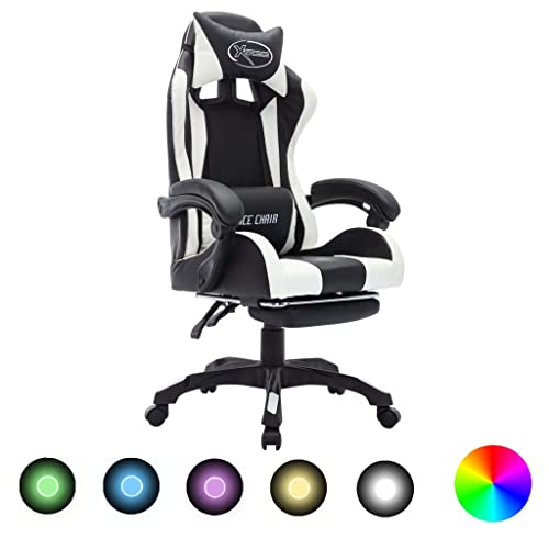 vidaXL Gaming Stuhl mit RGB LED-Leuchten Fußstütze Höhenverstellbar Chefsessel Bürostuhl Drehstuhl Schreibtischstuhl Sportsitz Racing Weiß Schwarz Kunstleder von vidaXL