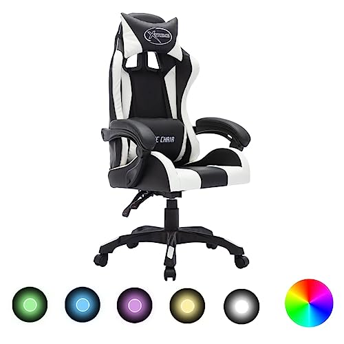 vidaXL Gaming Stuhl mit RGB LED-Leuchten Höhenverstellbar Chefsessel Bürostuhl Drehstuhl Schreibtischstuhl Sportsitz Racing Weiß Schwarz Kunstleder von vidaXL