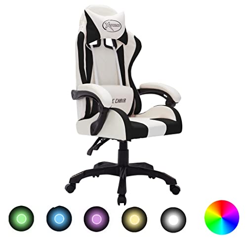 vidaXL Gaming Stuhl mit RGB LED-Leuchten Höhenverstellbar Chefsessel Bürostuhl Schreibtischstuhl Drehstuhl Sportsitz Racing Weiß Schwarz Kunstleder von vidaXL