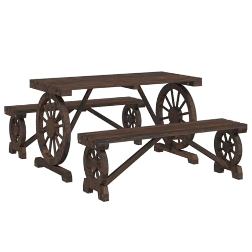 vidaXL Garten Essgruppe 3-TLG., Gartengarnitur mit Wagenräder-Design, Sitzgruppe für Garten Terrasse, Gartentisch Bänke Gartenmöbel, Landhausstil, Massivholz Tanne von vidaXL