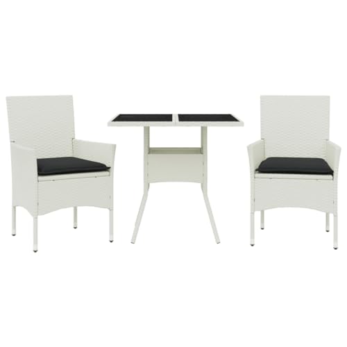 vidaXL Garten Essgruppe 3-TLG., Gartenmöbel Set mit Kissen, Gartengarnitur Tisch 2 Stühle, Lounge Sitzgruppe Sitzgarnitur, Weiß Poly Rattan Glas von vidaXL