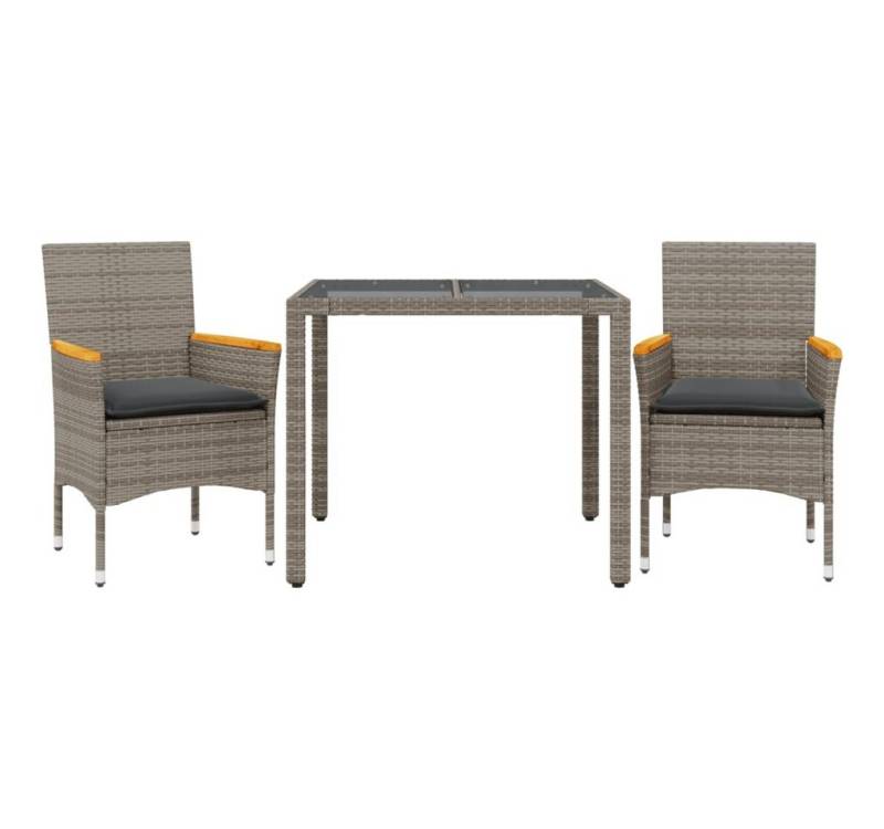 vidaXL Garten-Essgruppe 3-tlg. Garten-Essgruppe mit Kissen Grau Poly Rattan und Glas, (2-tlg) von vidaXL