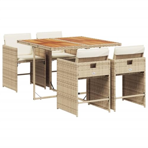vidaXL Garten Essgruppe 5-TLG., Gartenmöbel Set Tisch 4 Stühle, Gartengarnitur mit Kissen, Gartenset Sitzgruppe Terrasse, Beige Poly Rattan von vidaXL