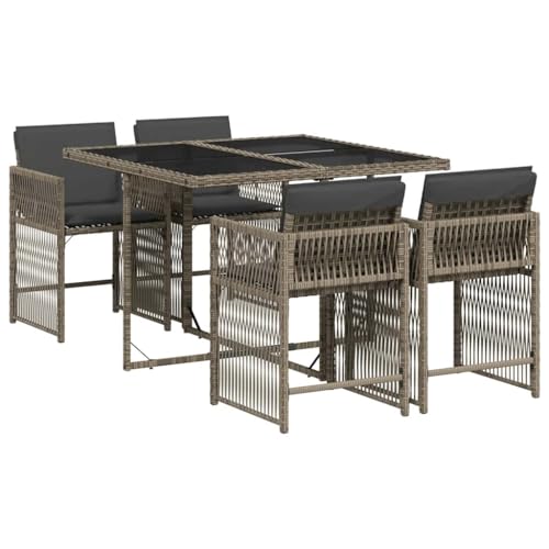 vidaXL Garten Essgruppe 5-TLG., Gartenmöbel Set Tisch mit 4 Stühle, Gartengarnitur mit Kissen, Sitzgruppe Essgarnitur Terrasse, Grau Poly Rattan von vidaXL