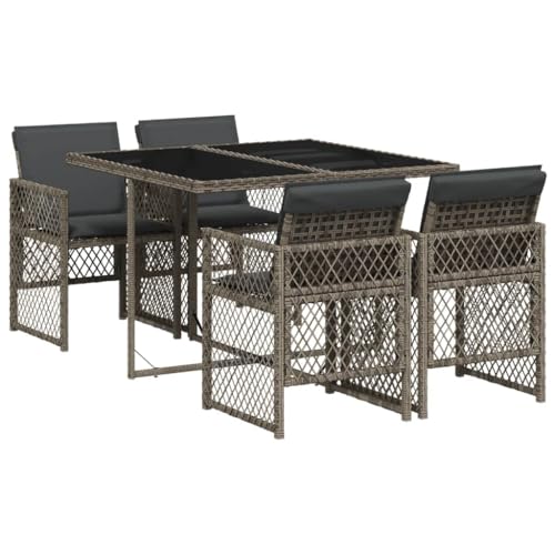 vidaXL Garten Essgruppe 5-TLG., Gartenmöbel Set mit Kissen, Gartengarnitur Tisch 4 Stühle, Sitzgruppe für Garten Terrasse, Grau Poly Rattan von vidaXL