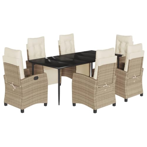 vidaXL Garten Essgruppe 7-TLG., Gartenmöbel Set Tisch mit 6 Stühle, Gartengarnitur mit Kissen, Sitzgruppe Essgarnitur Terrasse, Beige Poly Rattan von vidaXL