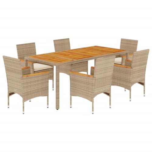 vidaXL Garten Essgruppe 7-TLG., Gartenmöbel Set mit Kissen, Gartengarnitur Tisch 6 Stühle, Lounge Sitzgruppe Sitzgarnitur, Beige Poly Rattan Akazie von vidaXL
