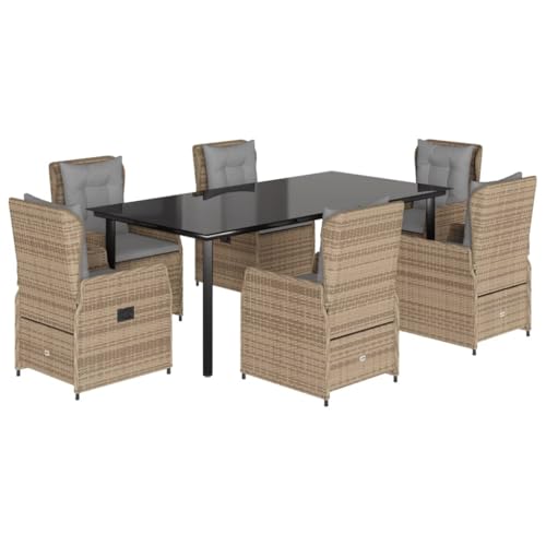 vidaXL Garten Essgruppe 7-TLG., Gartenmöbel Set mit Kissen, Gartengarnitur Tisch 6 Verstellbare Stühle, Sitzgruppe für Garten Terrasse, Beige Poly Rattan von vidaXL