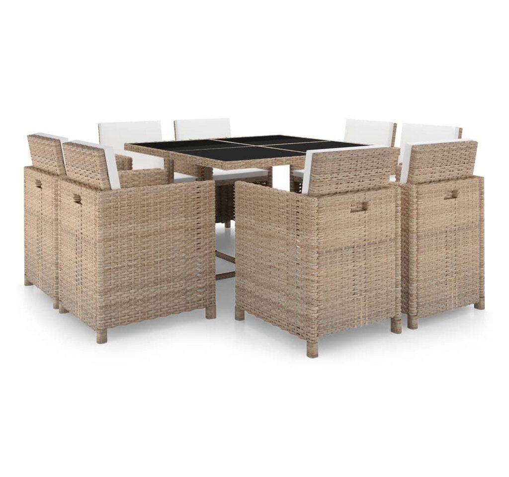 vidaXL Garten-Essgruppe 9-tlg. Garten-Essgruppe mit Auflagen Poly Rattan Beige, (9-tlg) von vidaXL