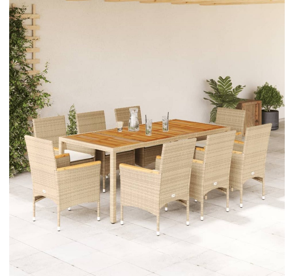 vidaXL Garten-Essgruppe 9-tlg. Garten-Essgruppe mit Kissen Beige Poly Rattan Akazie von vidaXL