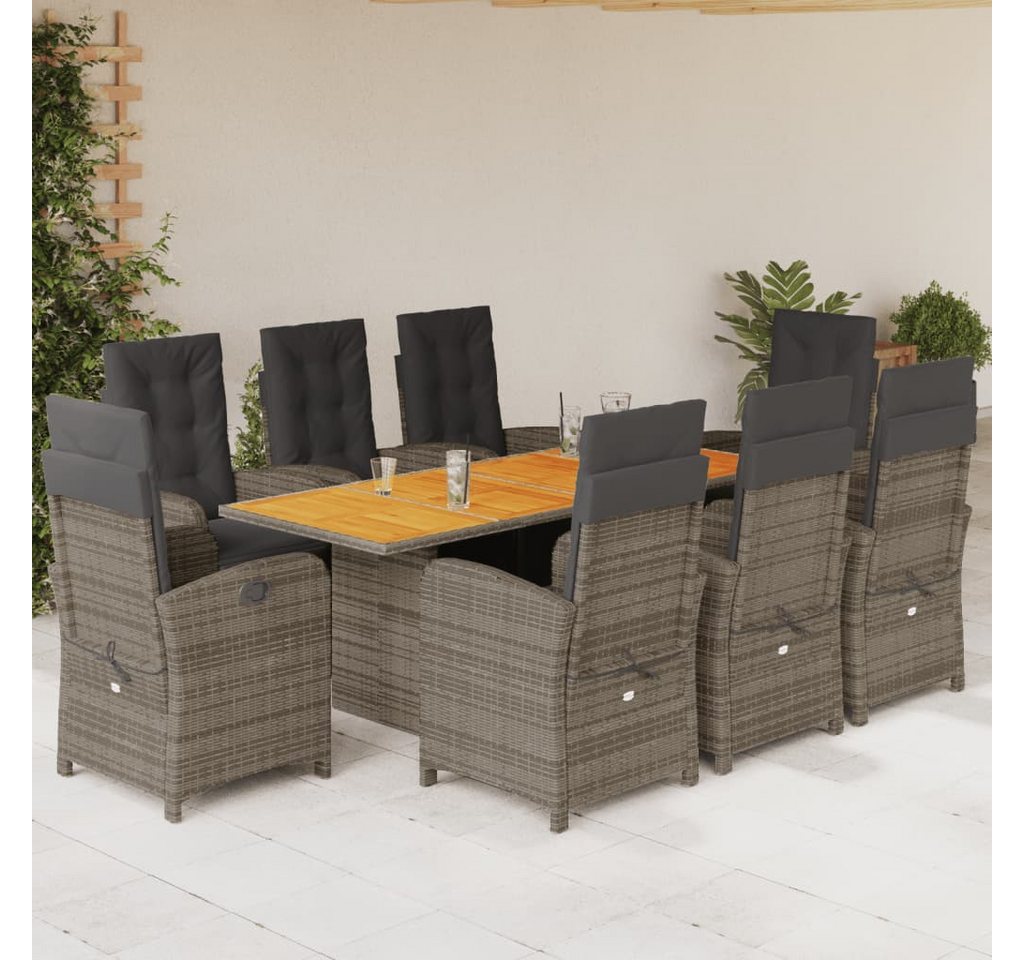 vidaXL Garten-Essgruppe 9-tlg. Garten-Essgruppe mit Kissen Grau Poly Rattan, (9-tlg) von vidaXL