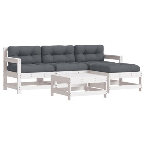 vidaXL Garten Lounge Set 5-TLG., Gartenmöbel Set mit Kissen, Sitzgruppe für Garten Terrasse, Modular Sofa Garnitur Loungemöbel, Weiß Massivholz von vidaXL