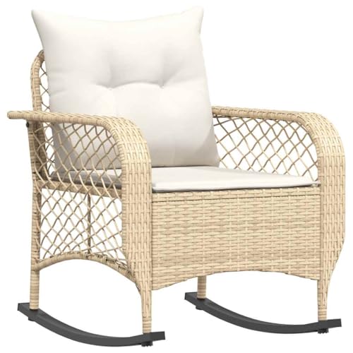 vidaXL Garten-Schaukelstuhl mit Kissen Beige Poly Rattan, Gartenstuhl, Gartensessel, Outdoor-Schaukelstuhl, Schaukelsessel, Schwingsessel von vidaXL