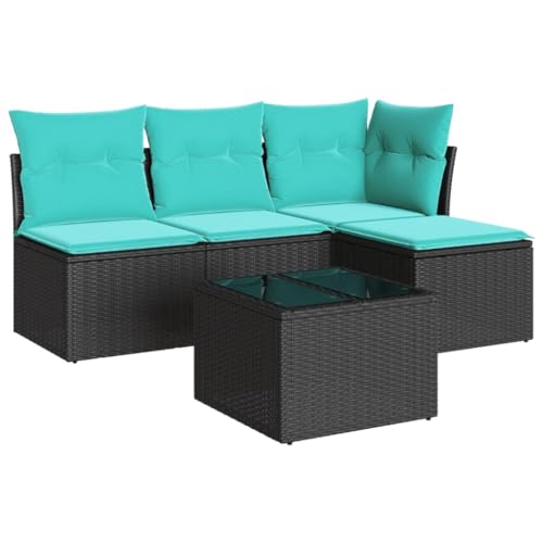 vidaXL Garten Sofa Garnitur 5-TLG., Gartenmöbel Set mit Kissen, Sitzgruppe für Garten Terrasse, Modular Gartensofa Hocker Lounge, Tisch mit Glasplatte, Schwarz Poly Rattan von vidaXL