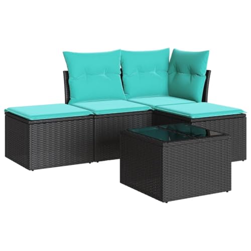 vidaXL Garten Sofa Garnitur 5-TLG., Gartenmöbel Set mit Kissen, Sitzgruppe für Garten Terrasse, Modular Gartensofa Hocker Lounge, Tisch mit Glasplatte, Schwarz Poly Rattan von vidaXL